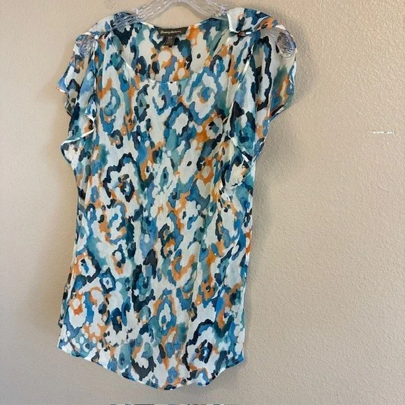 Tommy Bahama Women's Blue Orange White Abstract Print Sheer 100% Silk Blouse SM - Picture 6 of 7